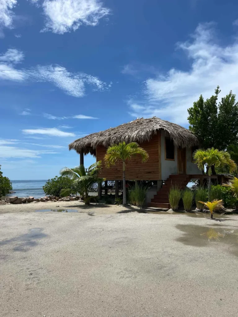 the wooden casita at Little Peter Oasis a private island rental in belize, on the beach with some greenery facing the ocean 
