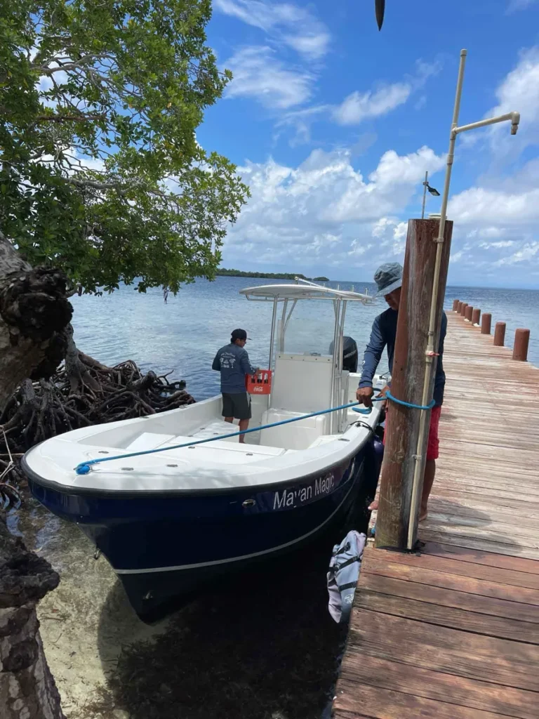 blue and white boat tied to wooden supports on a wooden gate leading into the blue sea on the beach with some rocks and greenery at little peter oasis, a private island rental in belize