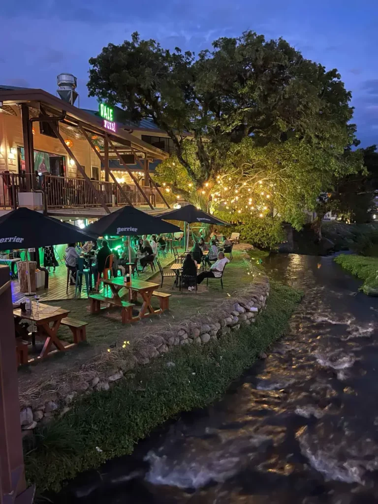 restaurant illuminated with many lights along a river with colourful tables and chairs plus a large tree in the background