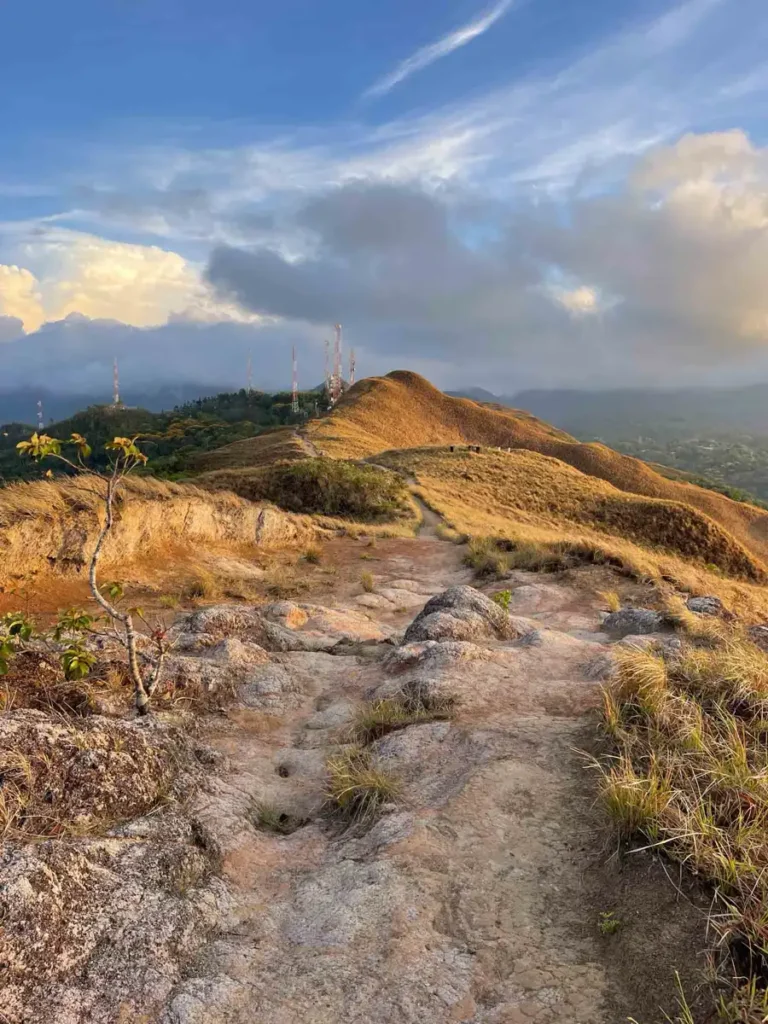 grassy landscapes with a view in the distance a hiking trail in golden light during sunrise