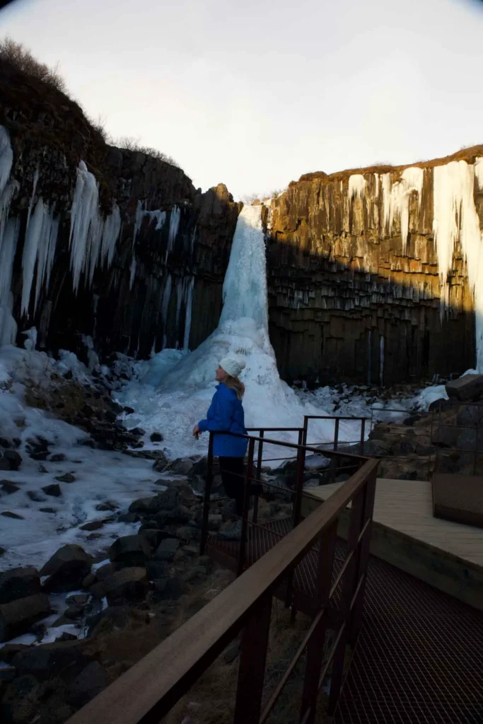woman in a blue winter jacket standing at a viewing platform n front of the frozen waterfall svartifoss in a partially snowy landscape in iceland
