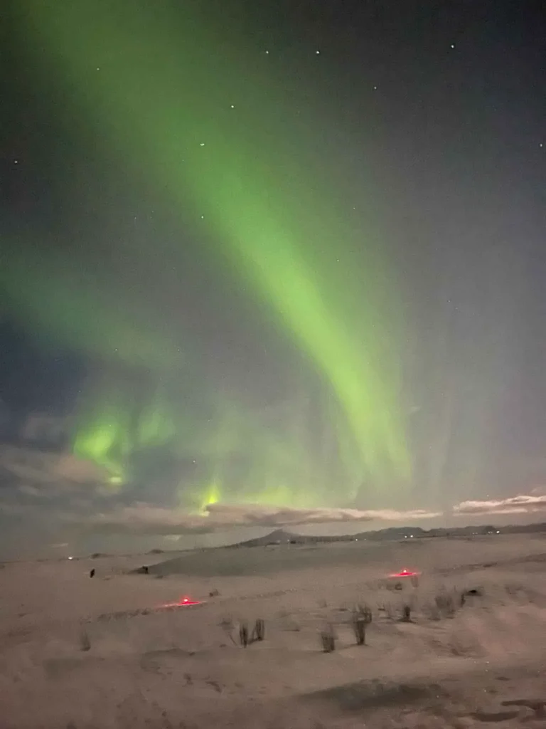 green northern lights in a snowy landscape in iceland