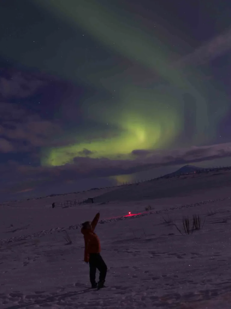 silhoutte of a woman pointing at wavy green northern lights in a snowy landscape