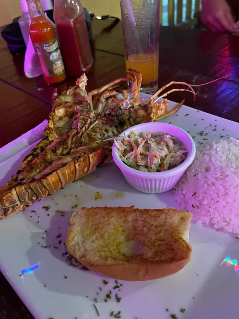 plated table with drinks and a big plate with lobster in belize
