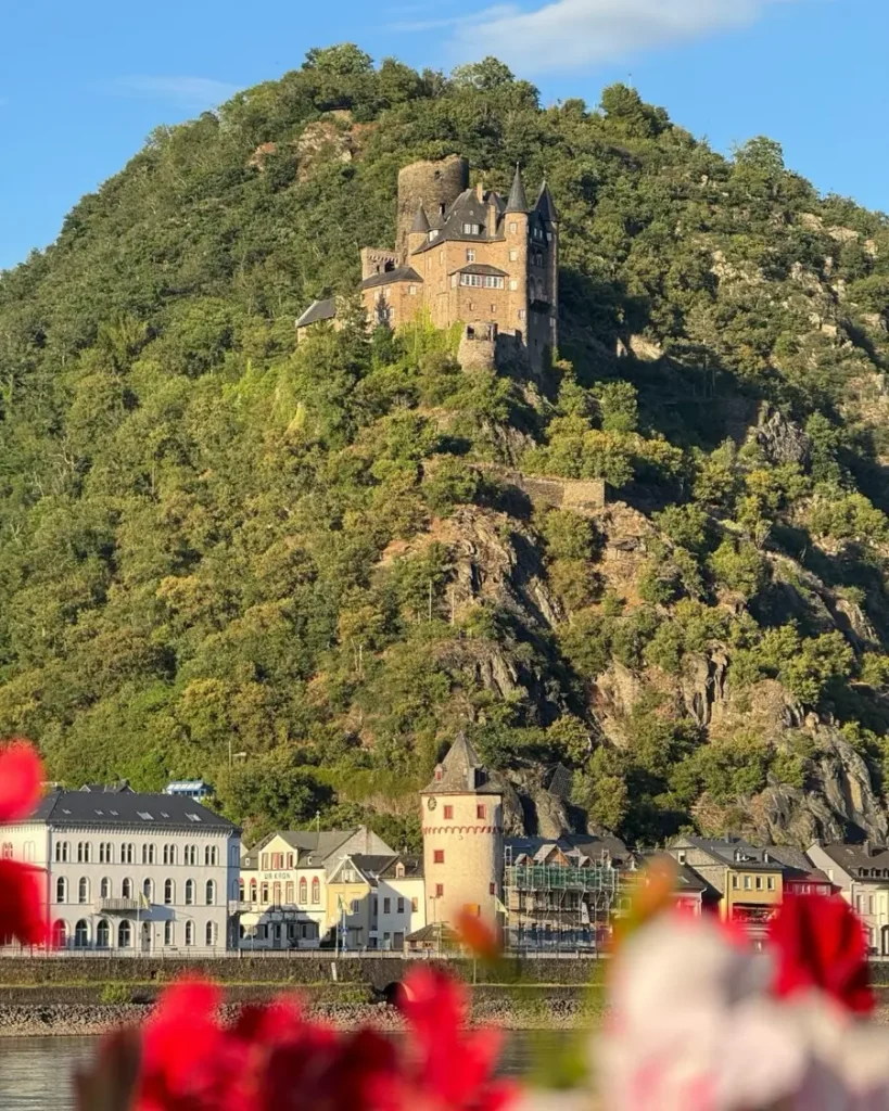 fairytale town along the Rhine river with flowers in the foreground and a hilltop castle in St. Goarshausen, Germany