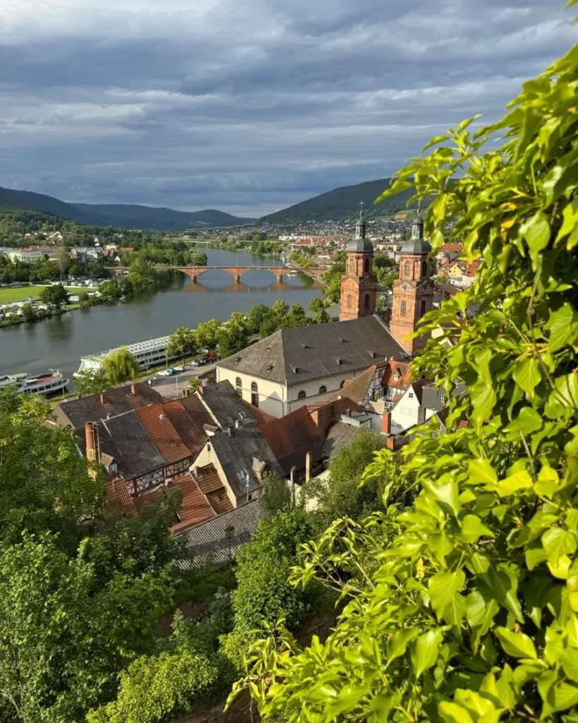 Partly obstructed view of a medieval town with a church along the Main river in Miltenberg, Germany