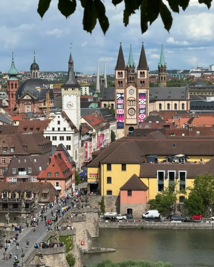 View of the city of Würzburg from a viewpoint on the other side of the Main river with many landmarks including the old bridge visible