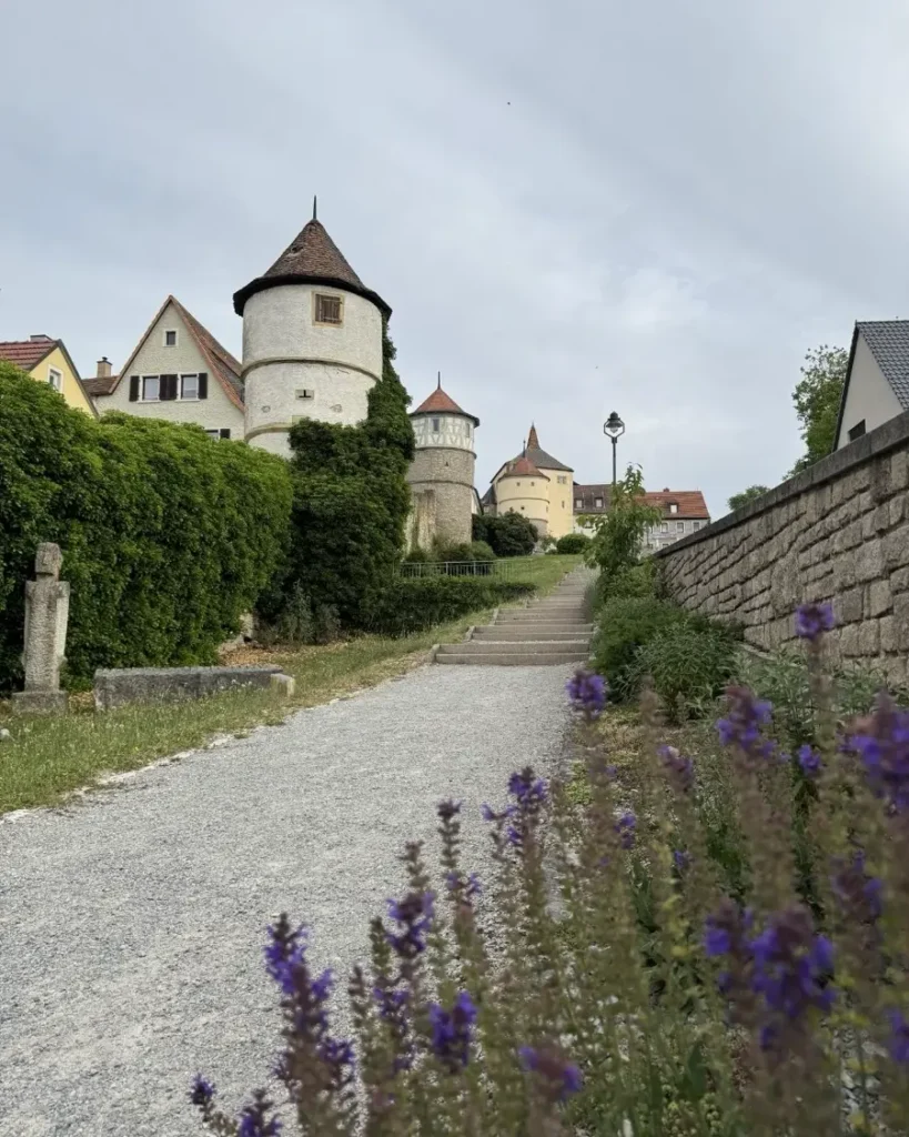 Historic town with multiple watchtowers and a city wall with greenery and flowers in Dettelbach, Germany
