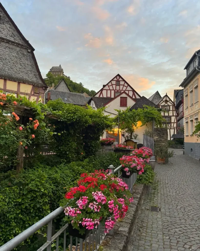 Flowers and green vegetation in an hirstoric old town with view of a hillside castle and half-timbered houses