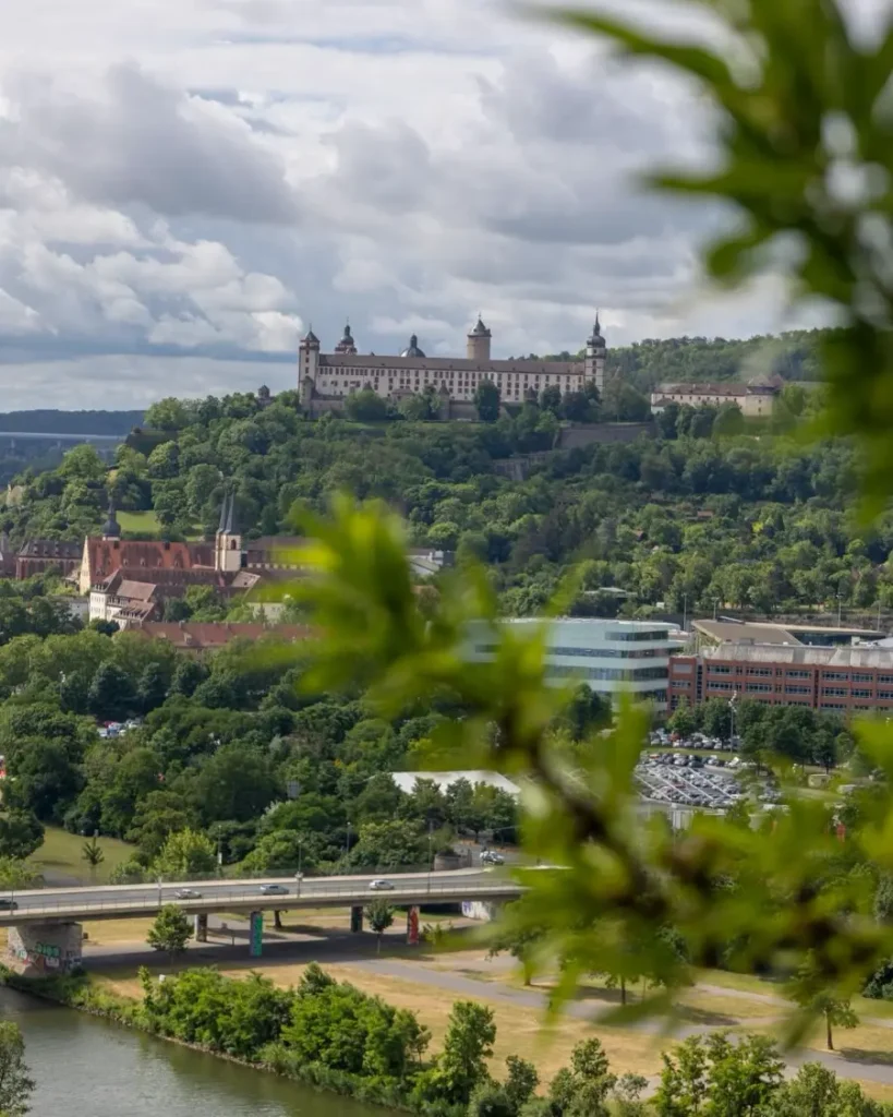Castle on a hill surrounded by forests and some houses below with views of the Main river and a bridge in Würzburg