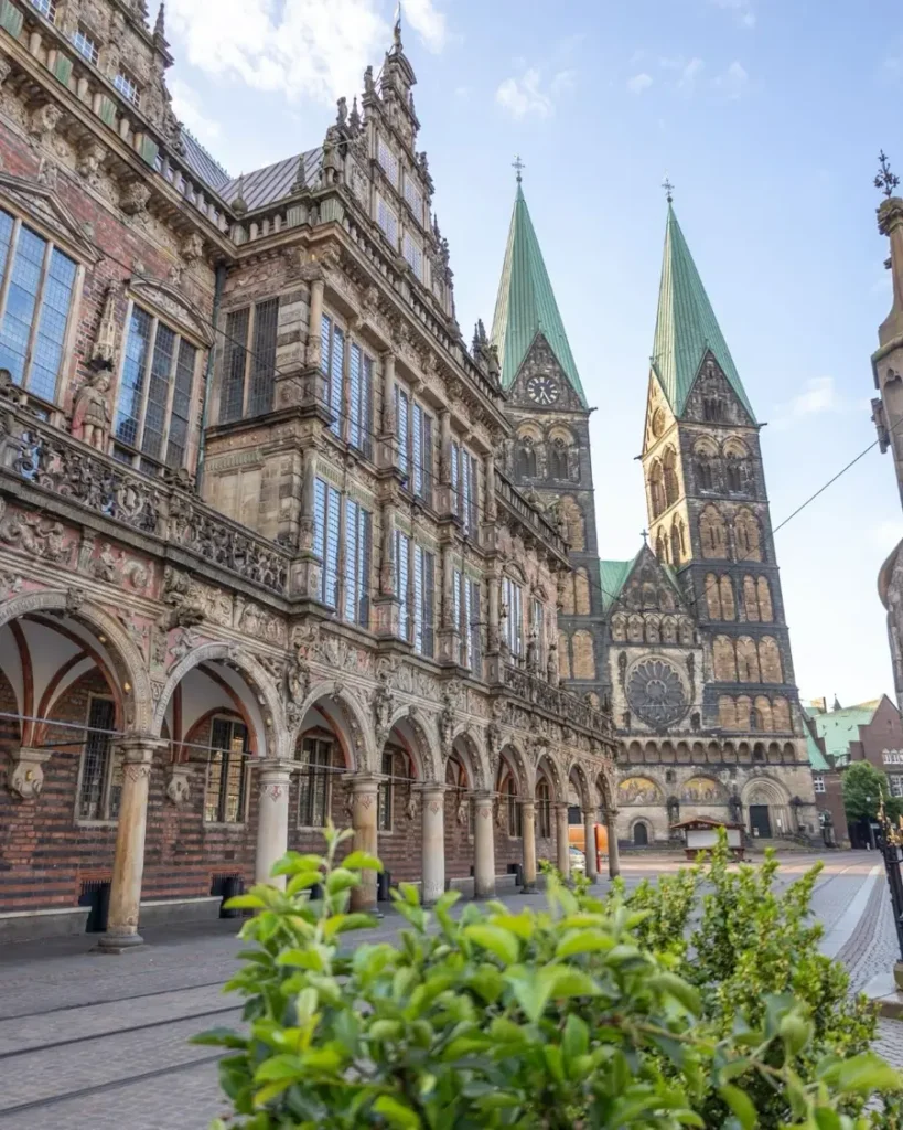 Historic town hall and Bremen cathedral with Gothic towers and beautiful architecture