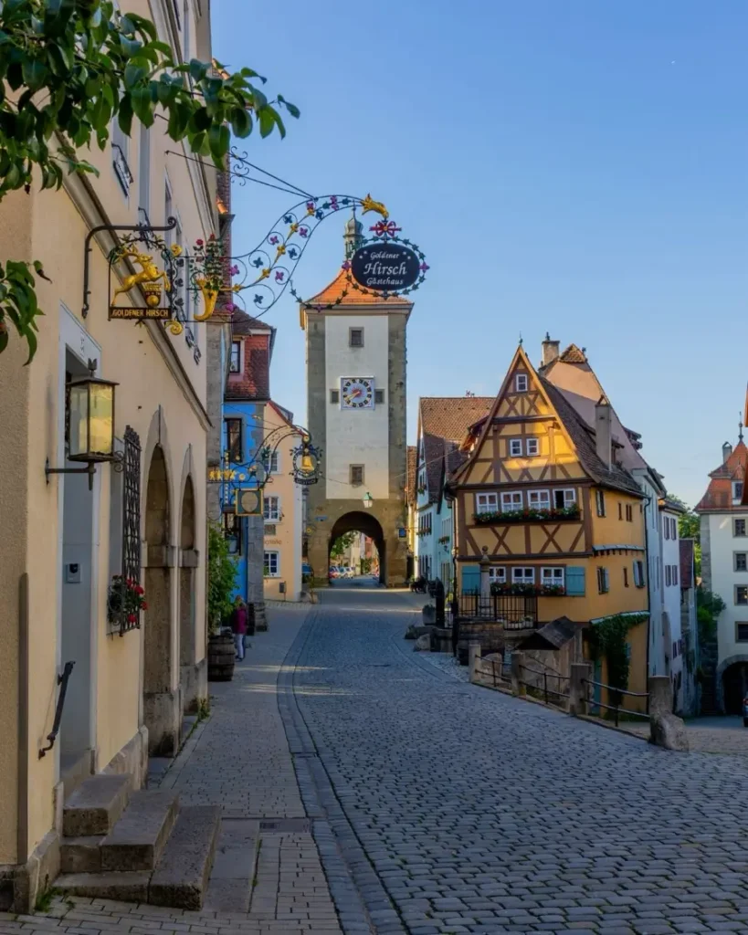 Medieval old town wth traditional houses in one of the most beautiful fairytale towns in Germany - Rothenburg ob der Tauber