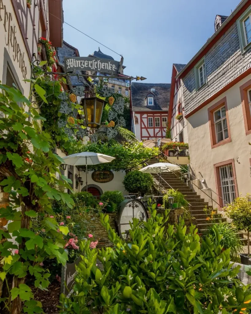 A charming fairytale town in Germany with half-timbered houses, vine and traditional restaurant signs in Beilstein
