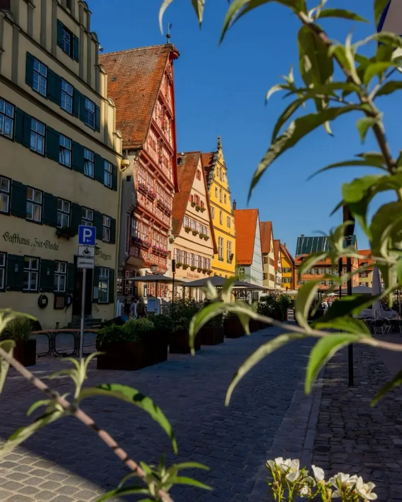A row of colourful houses with high roofs, partly half-timbered in Dinkelsbühl with greenery in the foreground