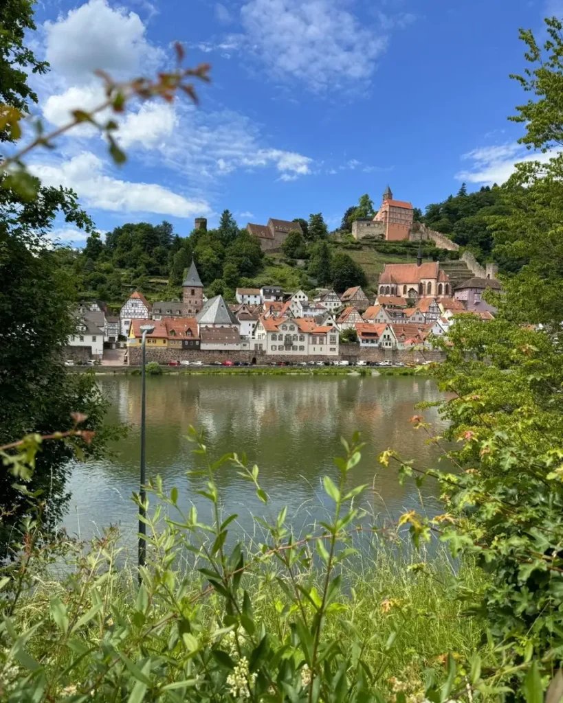 Hirschhorn - a medieval fairytale town in Germany along the Neckar. View of the town with a castle, beautiful houses and riverfront