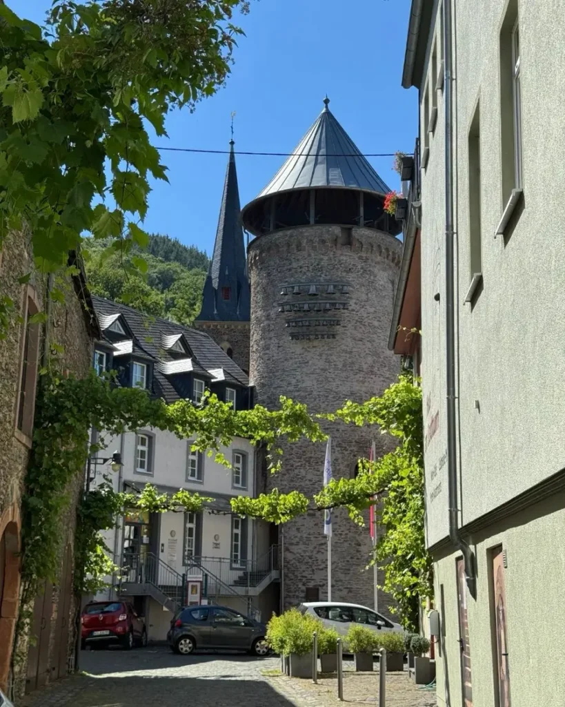 A small road with vine ranks leading to a church and an historical clock tower in Traben-Trarbach, Germany