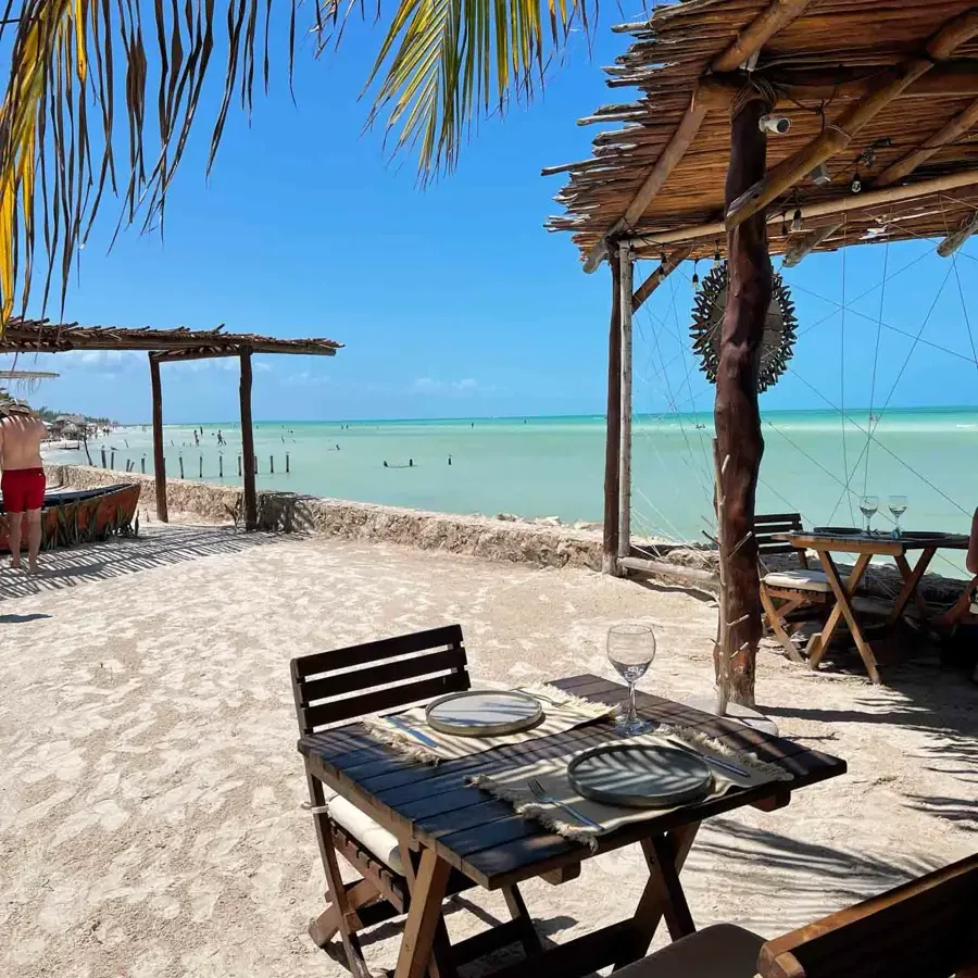 restaurant by the beach with palmtrees, wooden furniture and turquoise water