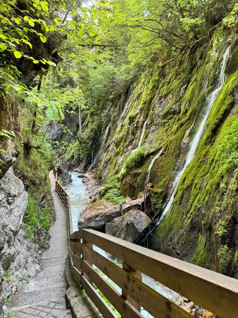A wooden walkway through a picturesque gorge with a lot of moss and waterfalls - Wimbachklamm