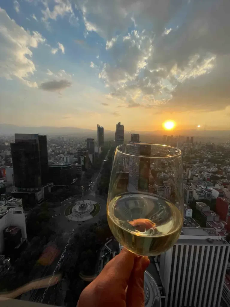person holding a wine glass from a sky bar in mexico city overlooking the city with lots of builidings and skyscrapers at sunset