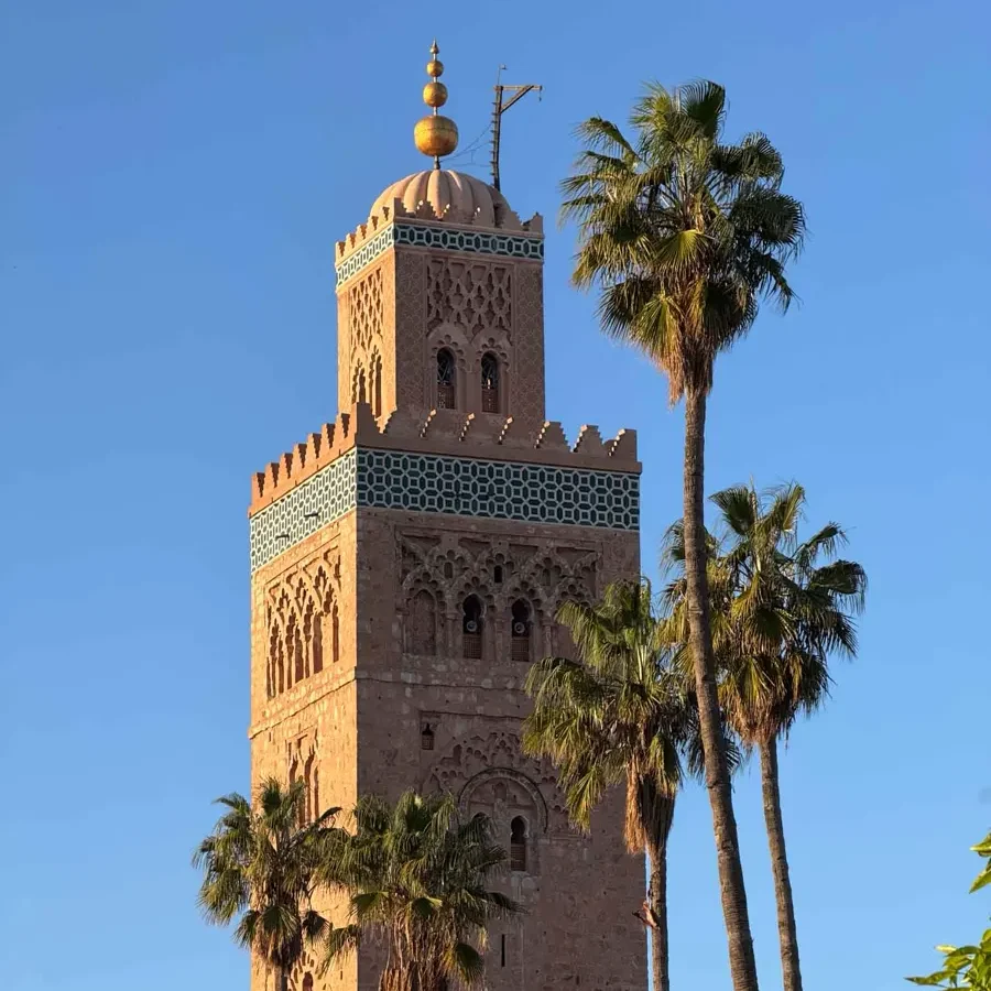 tower of a mosque hit by golden light before sunset with blue skies and palmtrees