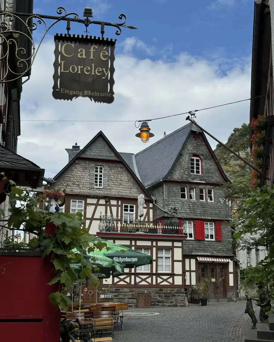 Charming fairytale town in Germany along the Moselle with half-timbered houses, cobblestone roads and vine in St. Goarshausen