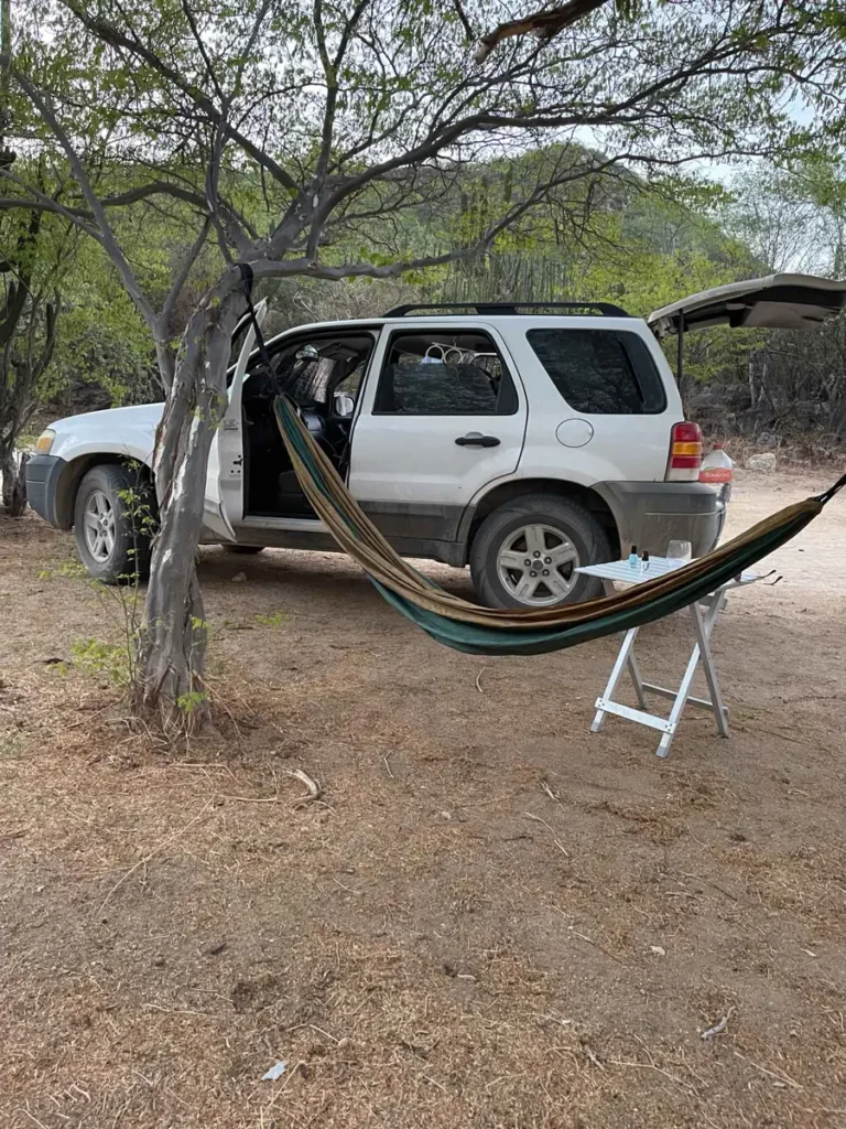 white car parked in a dry area with a tree and hammock with some camping items