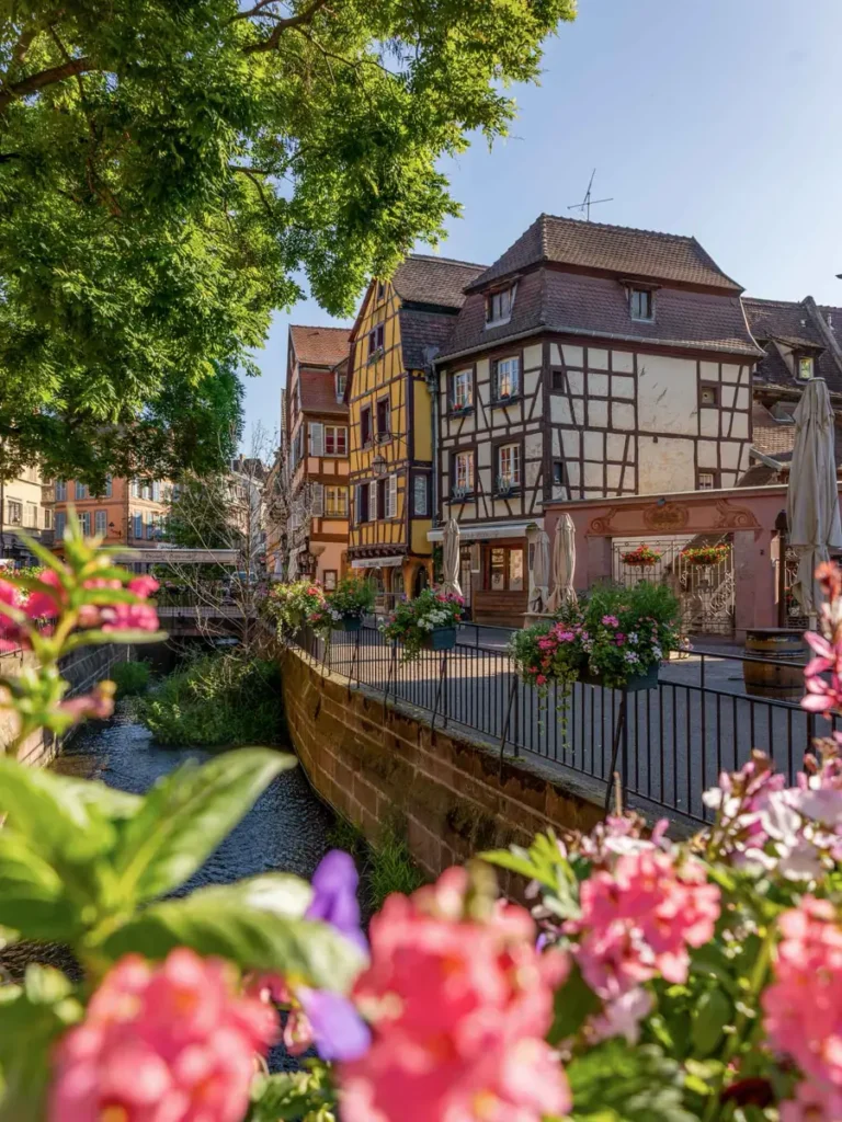 colourful town with half timbered houses, lots of greenery a small stream and planted flowers above the bridge