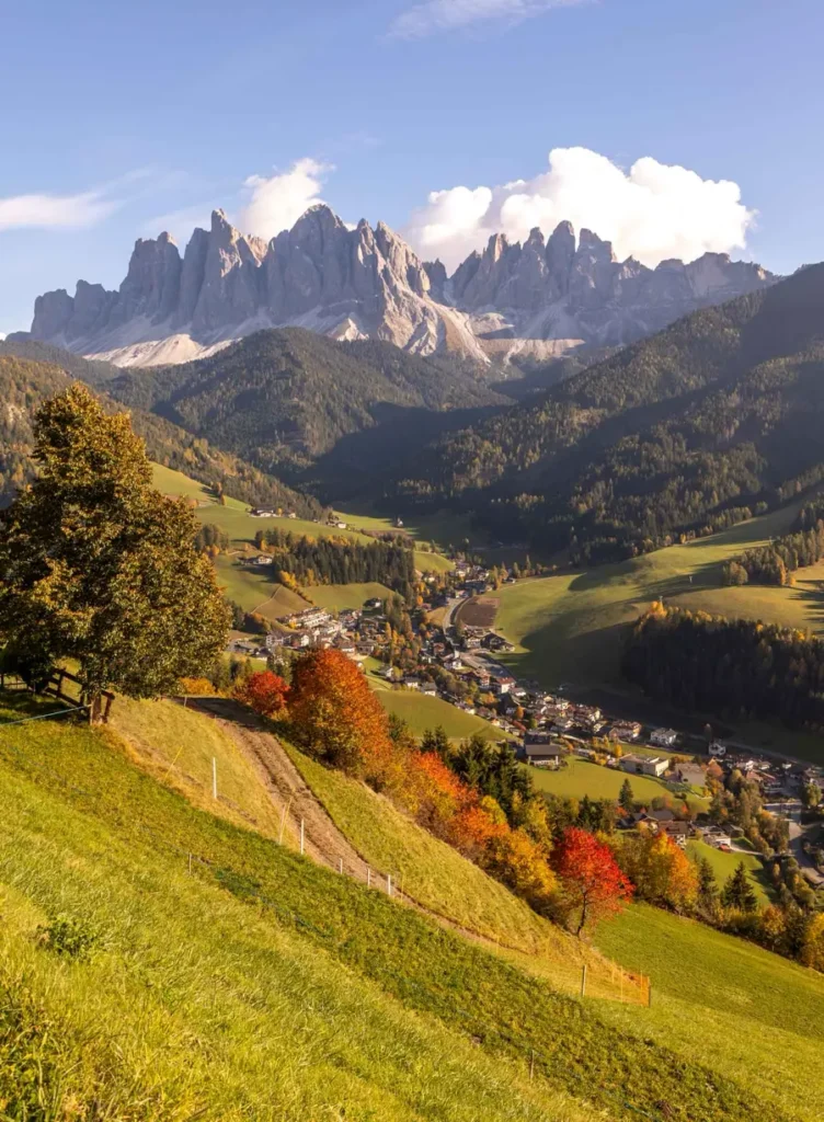 View of a stunning valley in the Dolomites during autumn with colourful trees, golden rolling hills and majestic mountains in the backdrop in Val di Funes