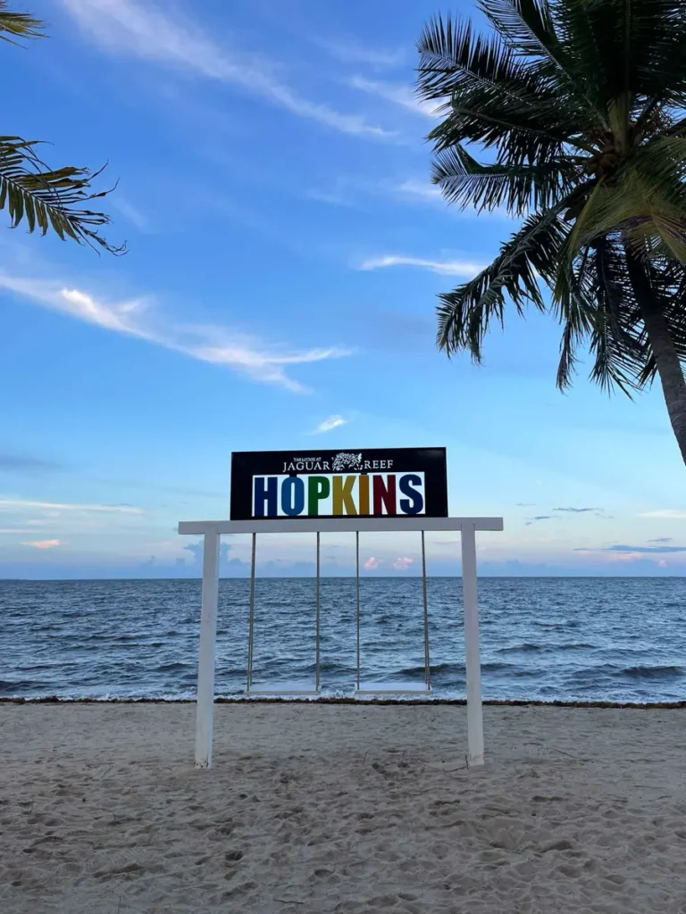 beach swings and sign of hopkins at the beach in hopkins next to some palm trees