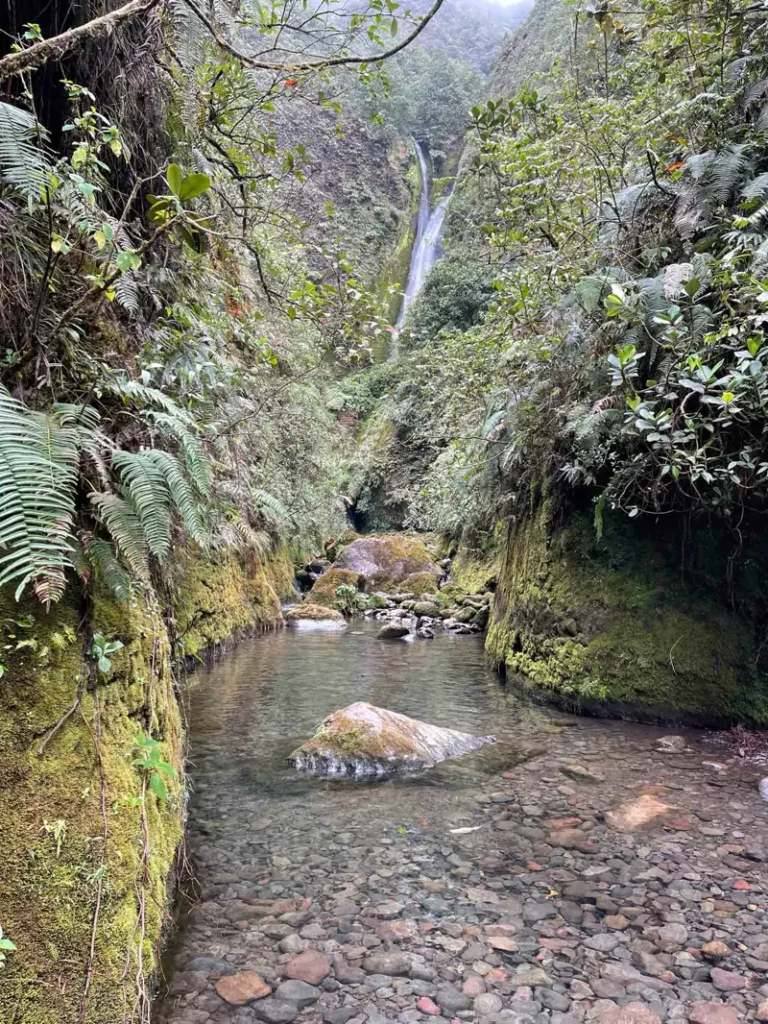 ankle deep clear river in between overgrown big rocks with the waterfall catarata vuelta del canon in the back in the jungle of bajos del toro in costa rica