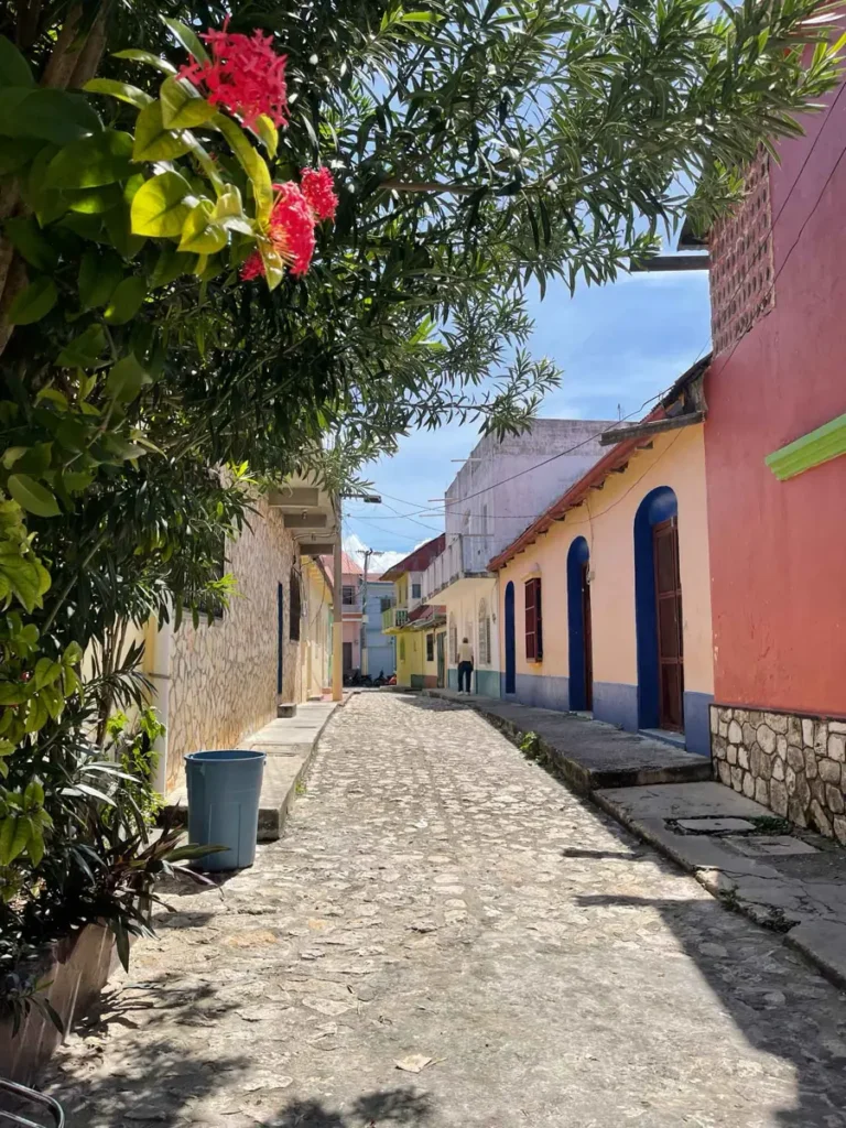 small street with cobble stones and colorful small houses with some greenery in the old town of flores guatemala