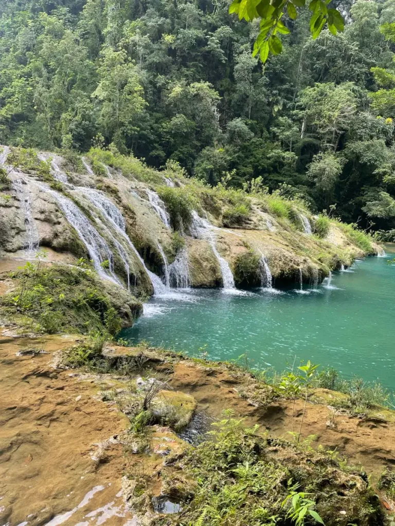 small waterfalls running down overgrown rocks flowing into a natural pool with clear and turquoise water at semuc champey in the jungle in guatemala