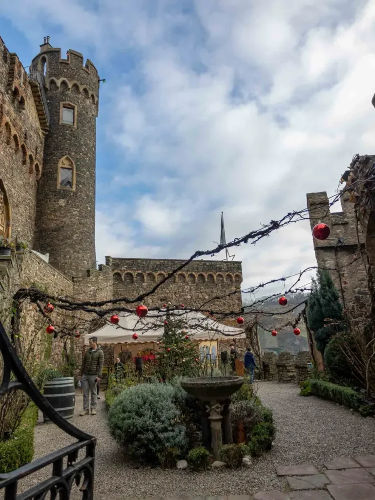 A medieval castle with Christmas ornaments and decorations at Burg Rheinstein in Germany