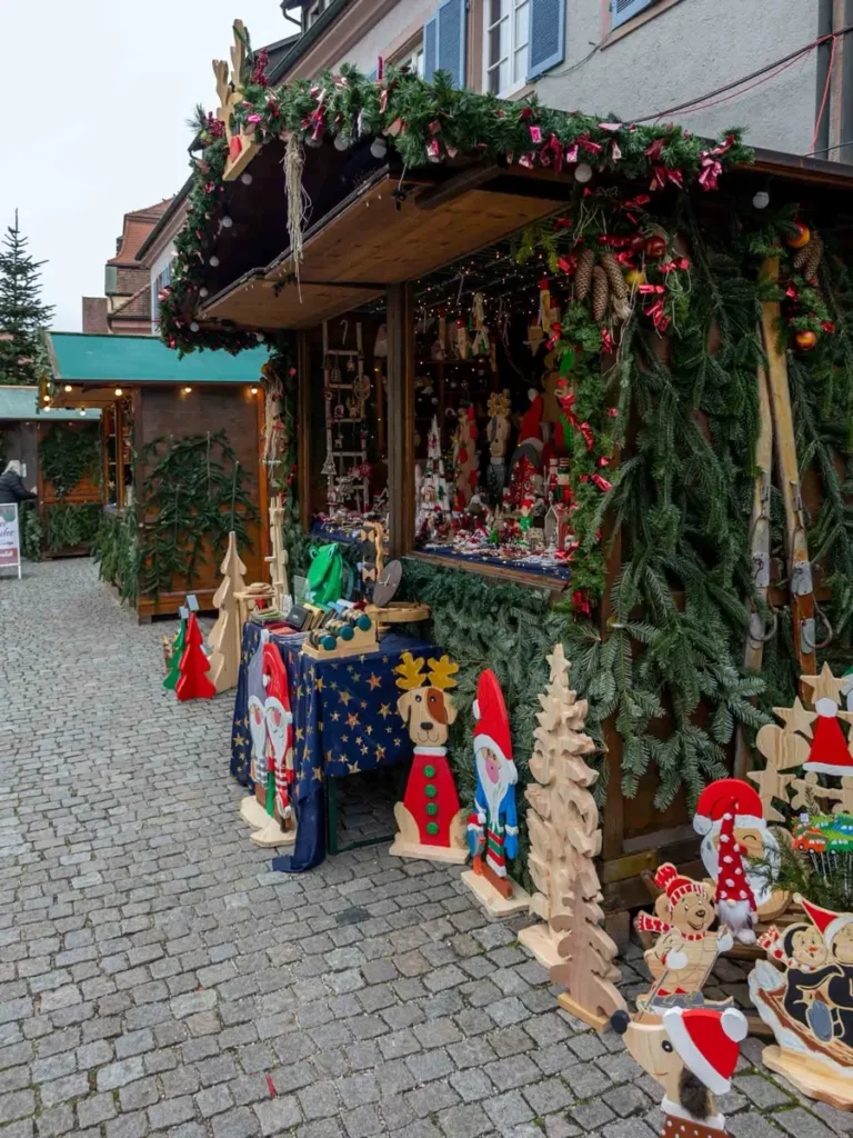A traditional Christmas market stall with hand crafted goods in a small town in Germany called Gegenbach