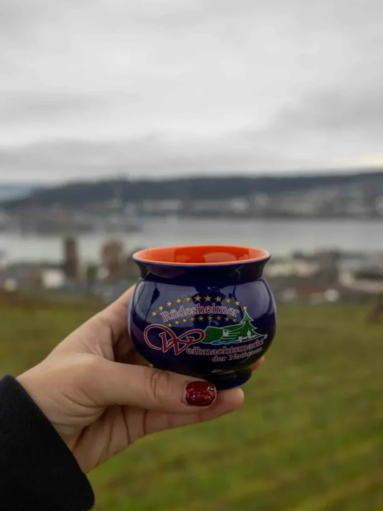 A female handholding a Christmas mug over a view of wine valleys along the Rhine river